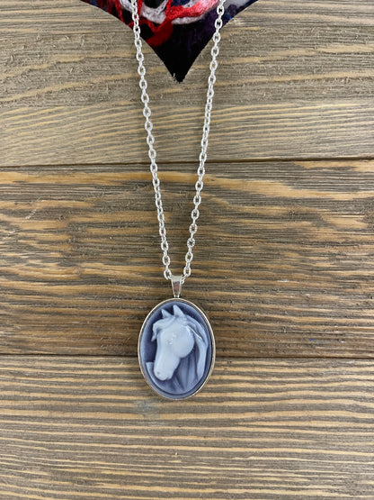 blue and White Horse Cameo Pendant on a Silver chain NecklacePink tiful of LOVE