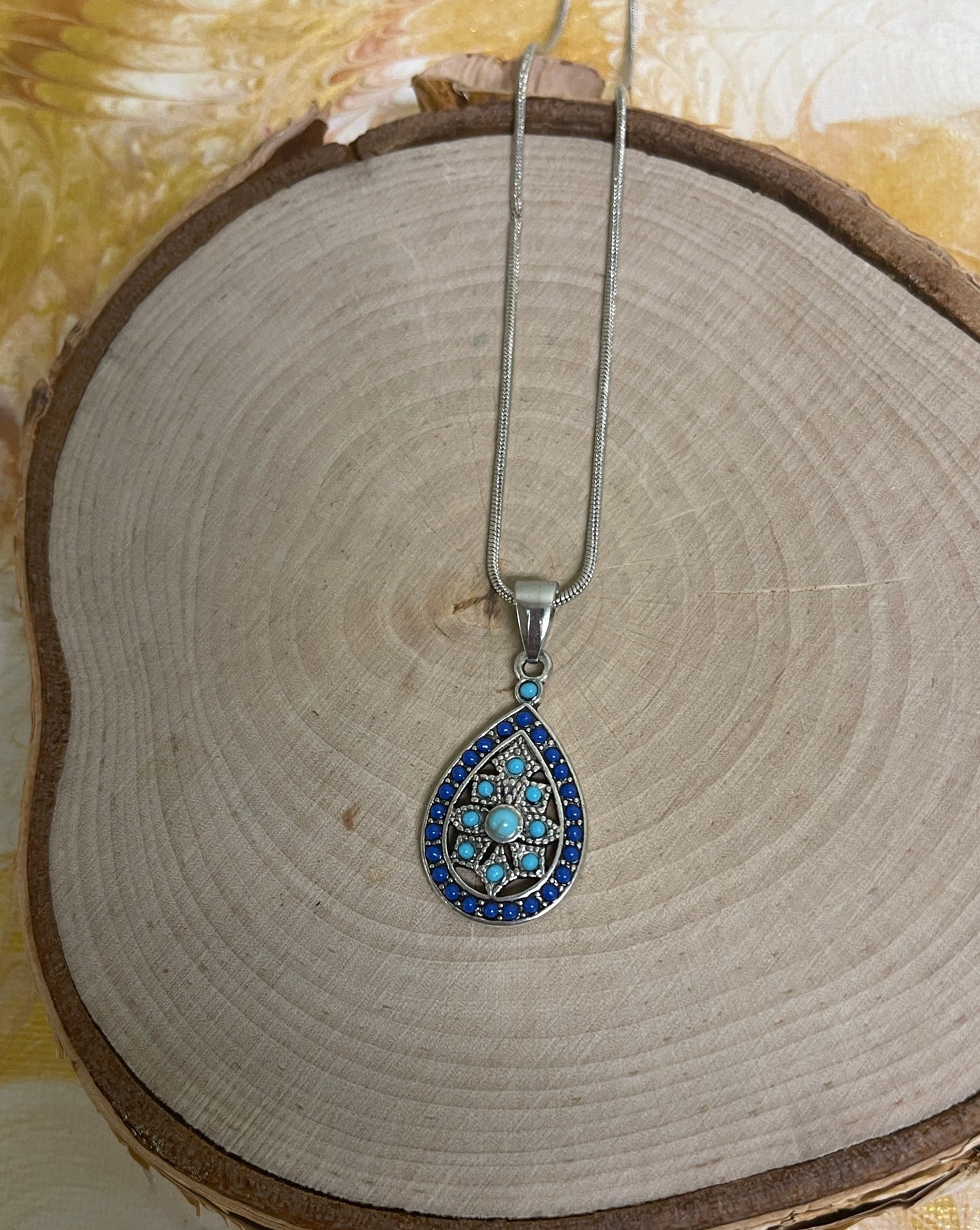 Blue Boho Teardrop Pendant on a Silver chain Necklace