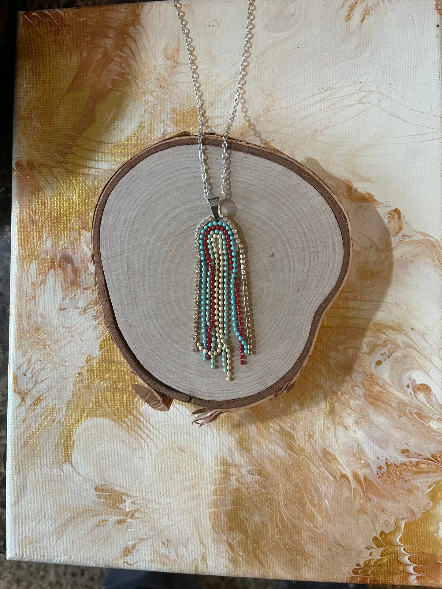 Boho Rainbow long string Pendant on a Silver chain Necklace