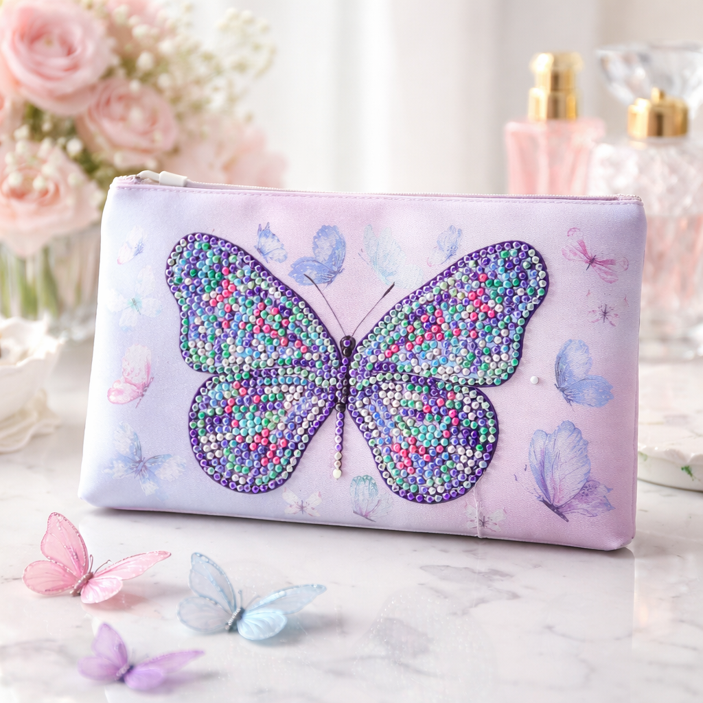 Butterfly Diamond Art Pencil & Makeup Bag -Rhinestone Zip Pouch