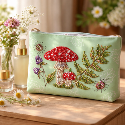 Mushroom Diamond Art Pencil & Makeup Bag -Rhinestone Zip Pouch