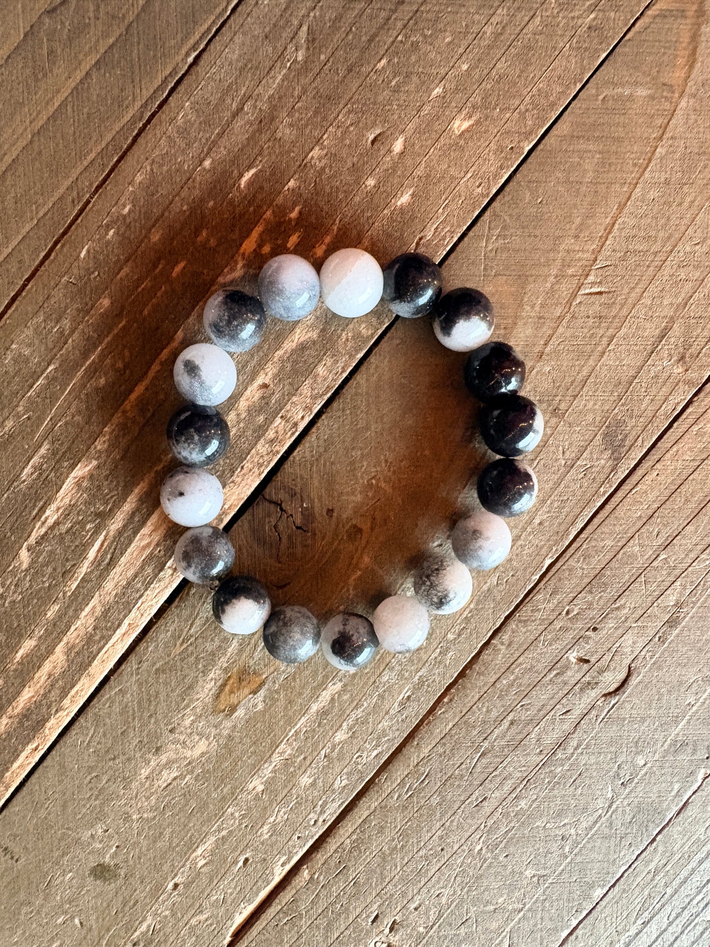 Black & White Dolomite Jasper Beaded Bracelet – 10mm Marble Stretch Bracelet
