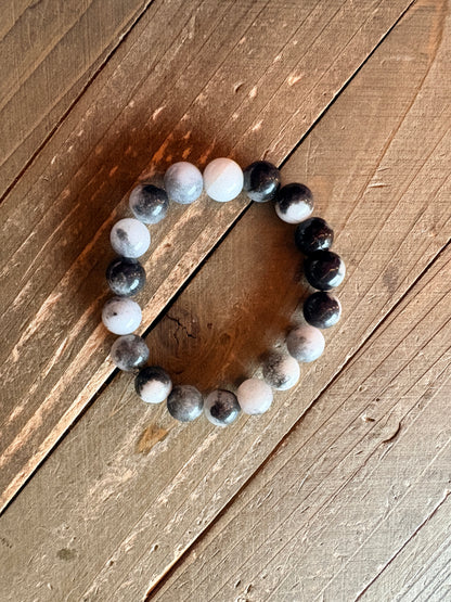 Black & White Dolomite Jasper Beaded Bracelet – 10mm Marble Stretch Bracelet