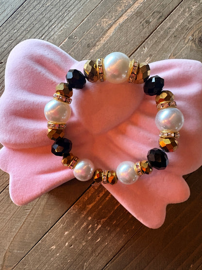 Black & White Glass Pearl Beaded Bracelet – Bronze & Gold Rhinestone Stretch