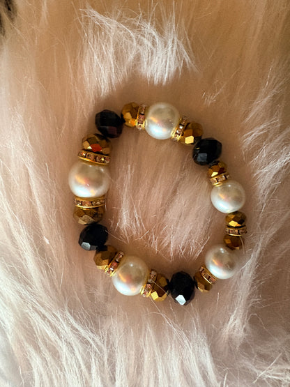 Black & White Glass Pearl Beaded Bracelet – Bronze & Gold Rhinestone Stretch