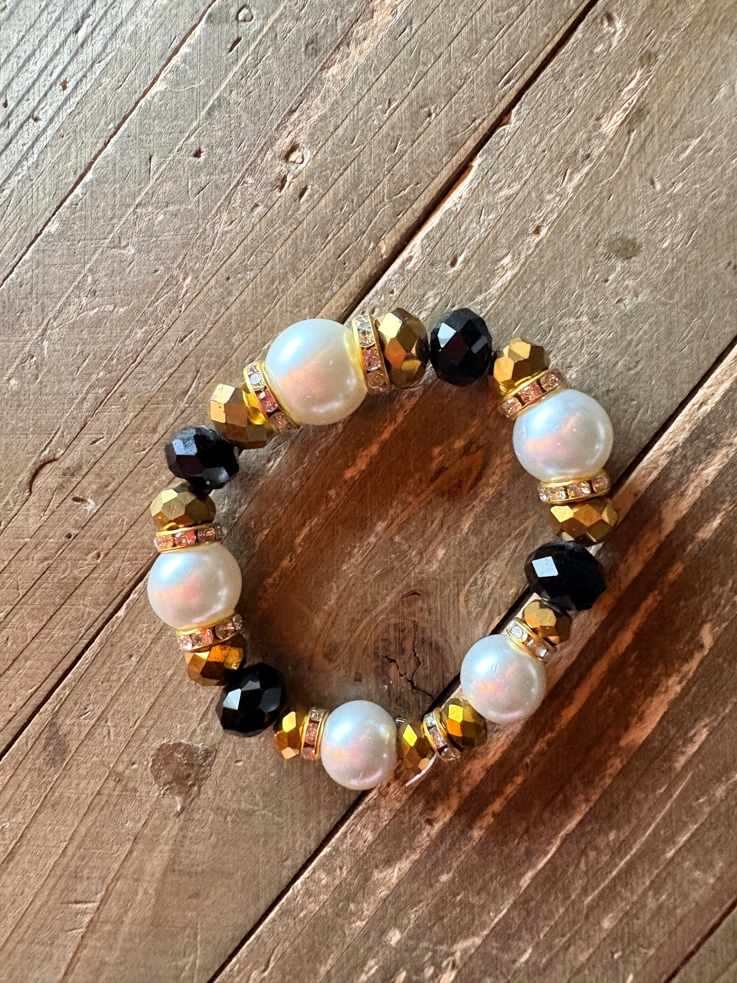 Black & White Glass Pearl Beaded Bracelet – Bronze & Gold Rhinestone Stretch