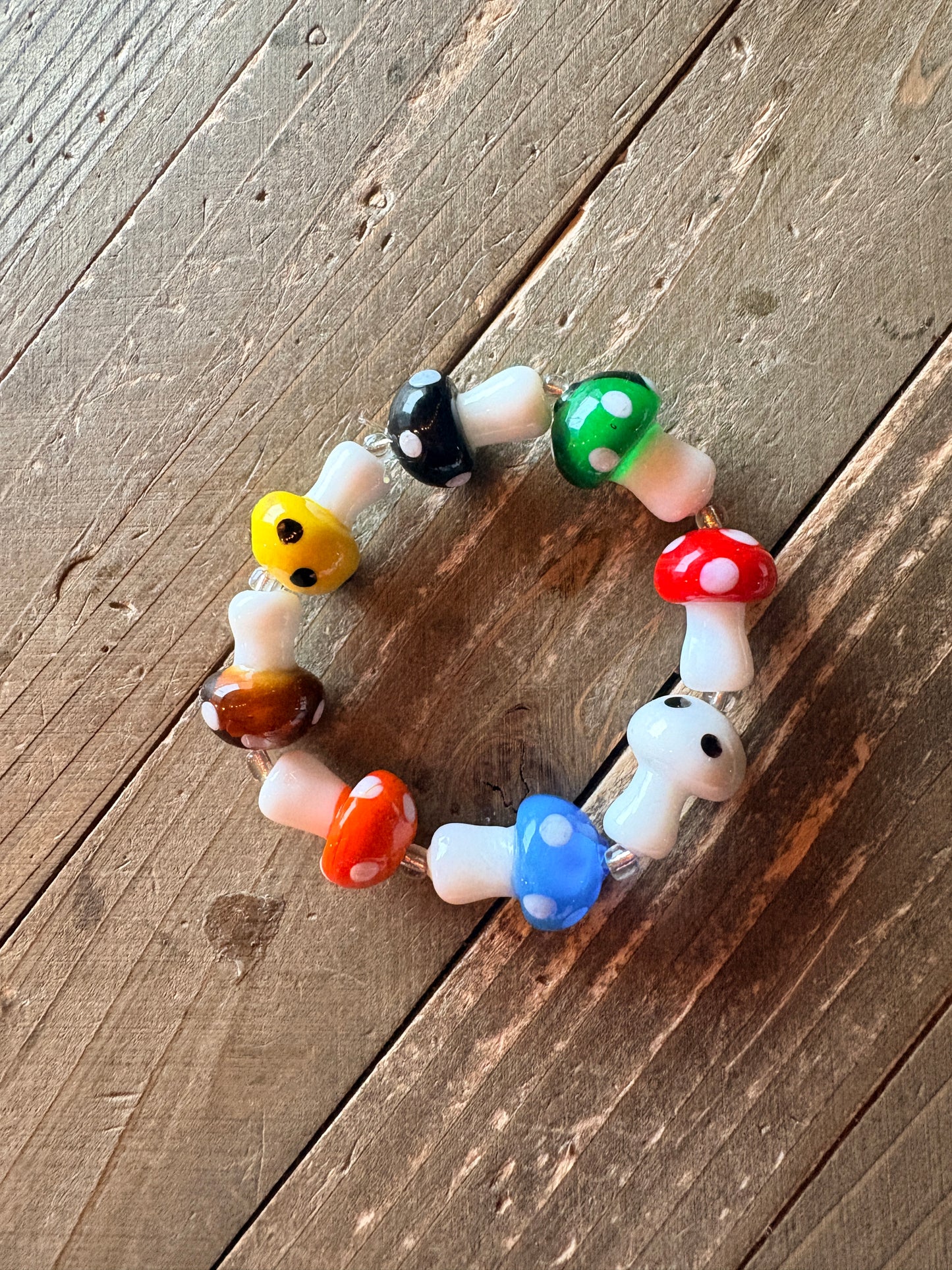 Multi-Colored Mushroom Lampwork Glass Stretch Bracelet – Handmade Beaded