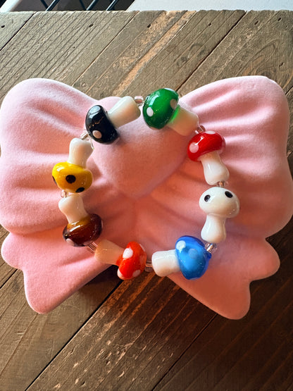 Multi-Colored Mushroom Lampwork Glass Stretch Bracelet – Handmade Beaded