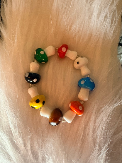 Multi-Colored Mushroom Lampwork Glass Stretch Bracelet – Handmade Beaded