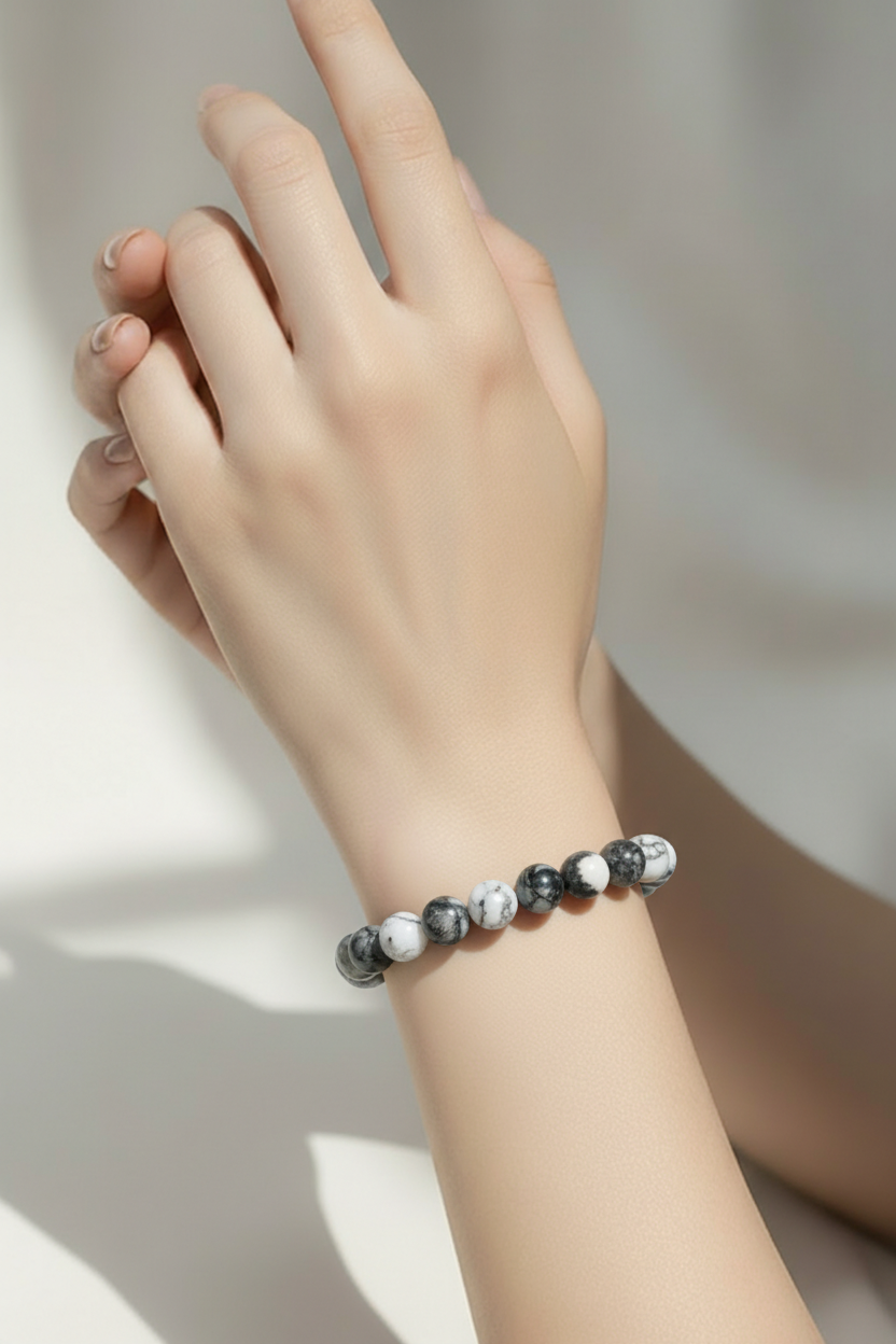 Black & White Dolomite Jasper Beaded Bracelet – 10mm Marble Stretch Bracelet