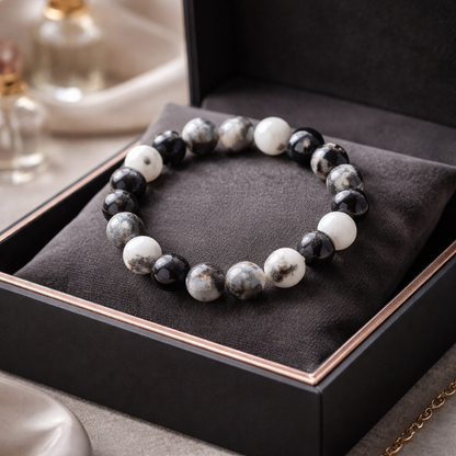 Black & White Dolomite Jasper Beaded Bracelet – 10mm Marble Stretch Bracelet