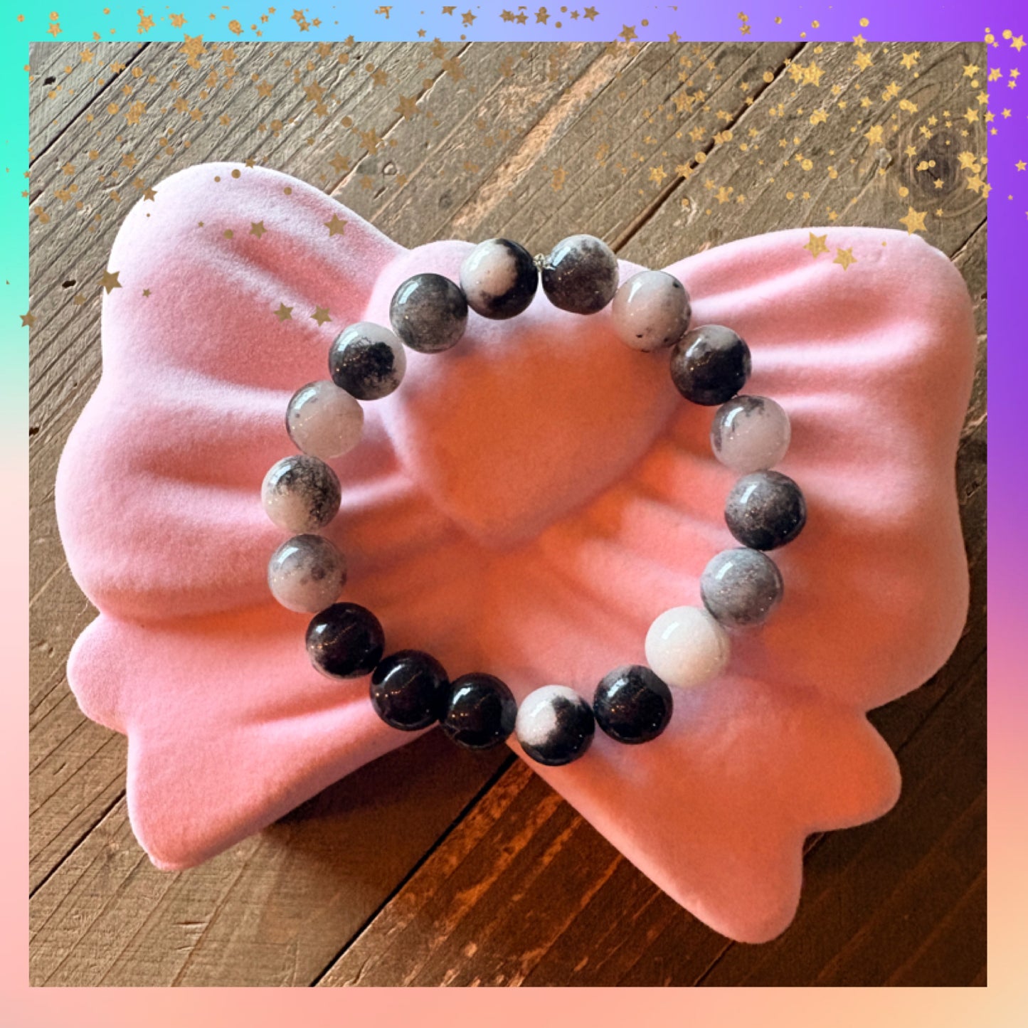 Black & White Dolomite Jasper Beaded Bracelet – 10mm Marble Stretch Bracelet