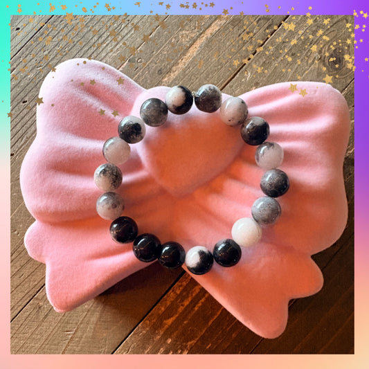 Black & White Dolomite Jasper Beaded Bracelet – 10mm Marble Stretch Bracelet