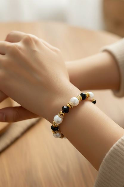 Black & White Glass Pearl Beaded Bracelet – Bronze & Gold Rhinestone Stretch