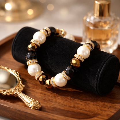 Black & White Glass Pearl Beaded Bracelet – Bronze & Gold Rhinestone Stretch