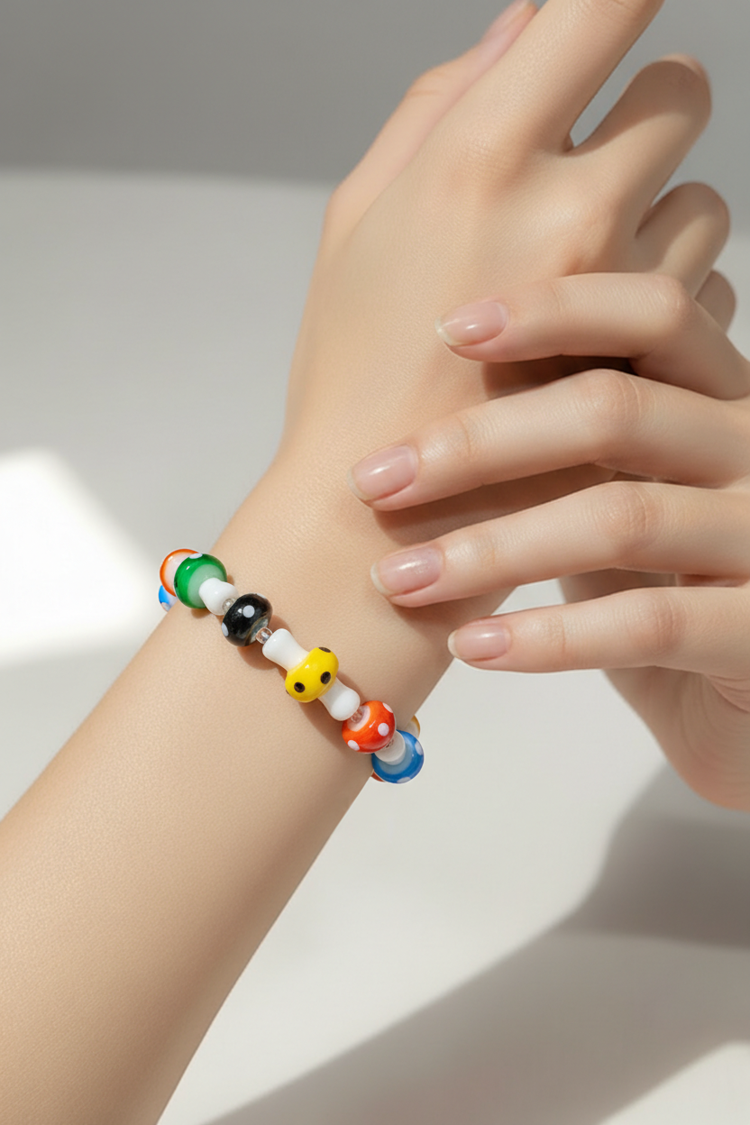 Multi-Colored Mushroom Lampwork Glass Stretch Bracelet – Handmade Beaded