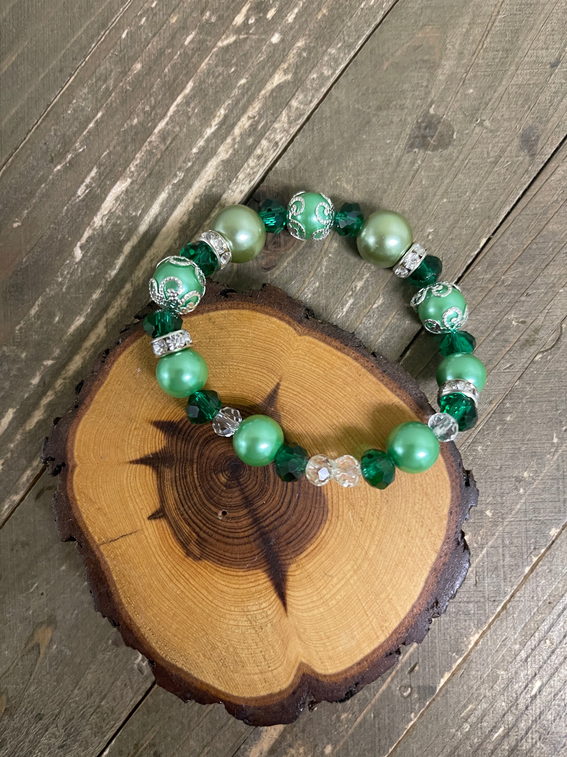 Green Ornate Mixed Glass Beaded  Elastic/Stretch BraceletPink tiful of LOVE