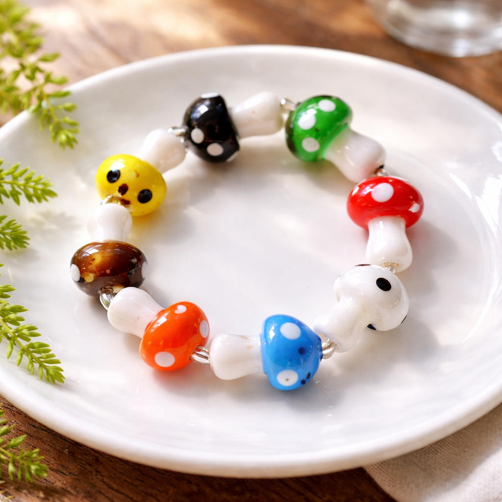 Multi-Colored Mushroom Lampwork Glass Stretch Bracelet – Handmade Beaded
