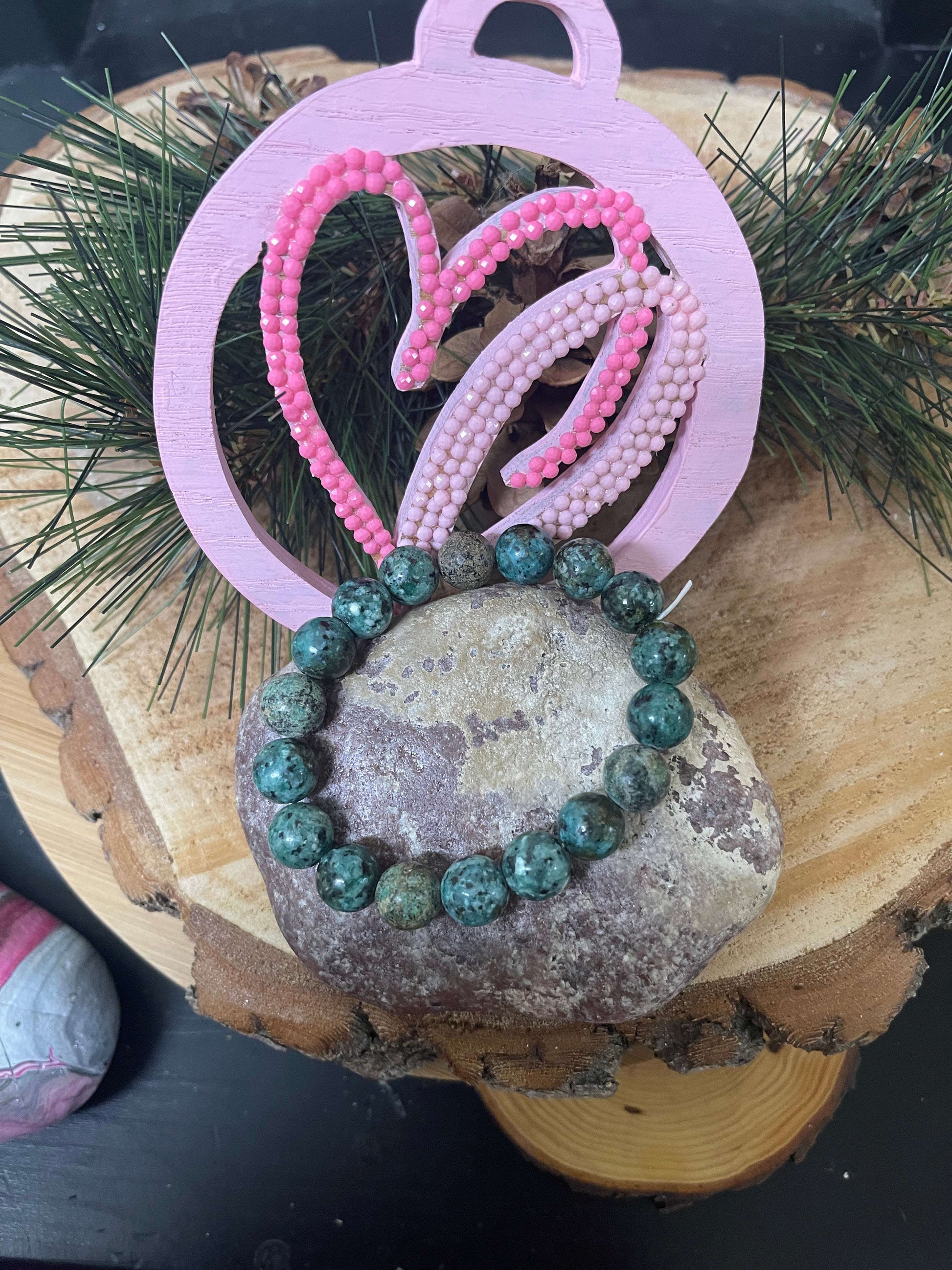 African Turquoise Jasper Round Beaded  Elastic/Stretch BraceletPink tiful of LOVE