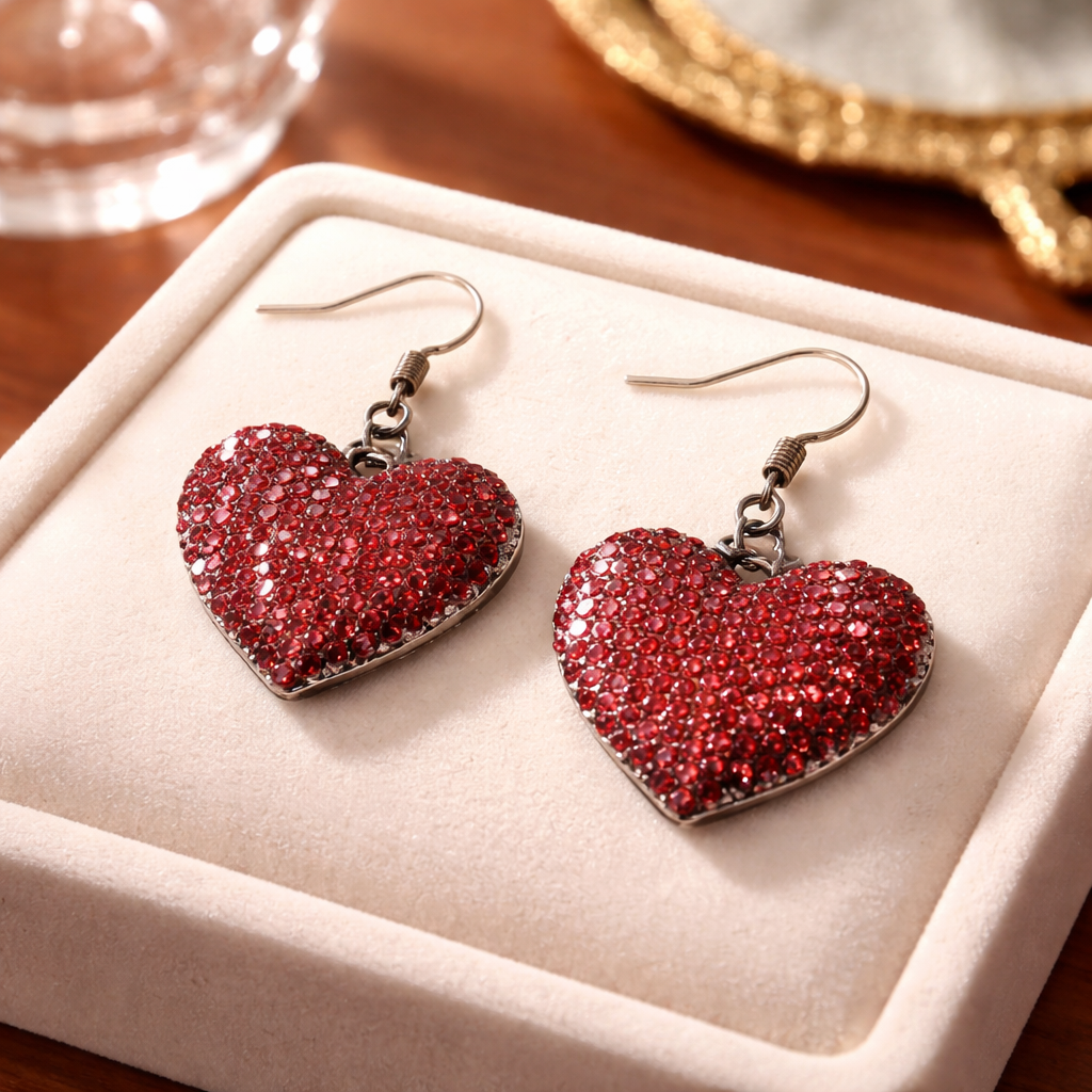 Red Pave Rhinestone Heart Drop Earrings – Sparkling