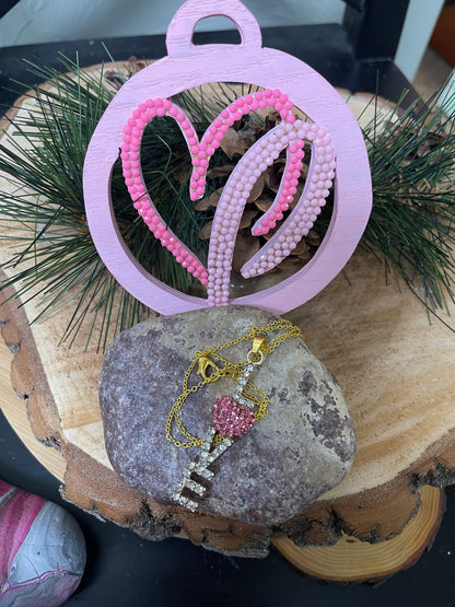 LOVE Rhinestone Pendant on a Gold chain Necklace-Pink