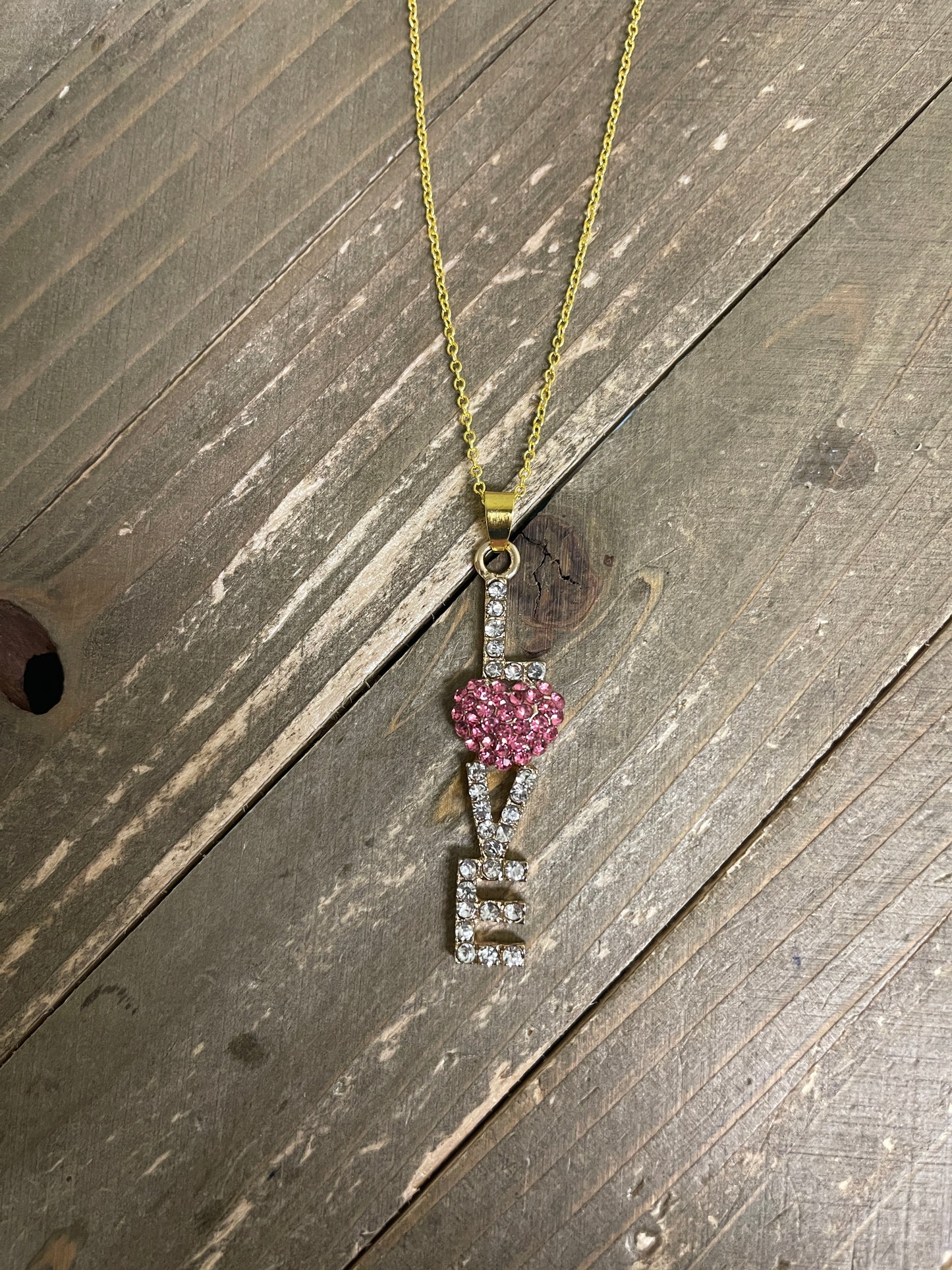 LOVE Rhinestone Pendant on a Gold chain Necklace-Pink