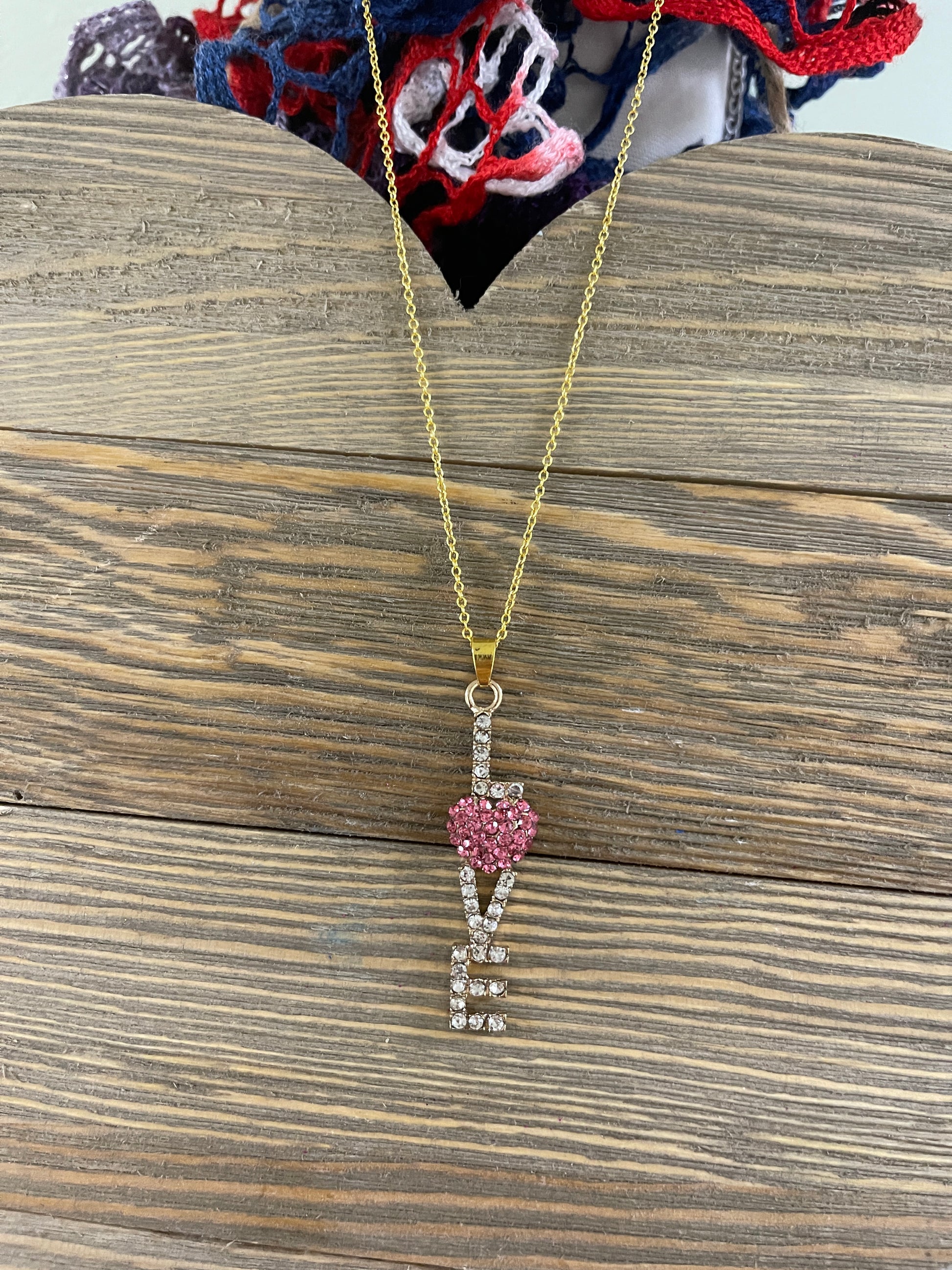 LOVE Rhinestone Pendant on a Gold chain Necklace-PinkPink tiful of LOVE
