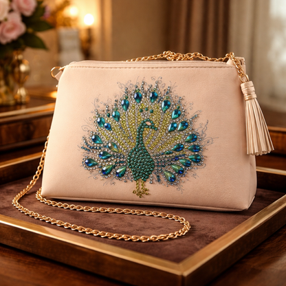 Diamond Art Peacock Purse – Rhinestone Vinyl Clutch with Gold Chain