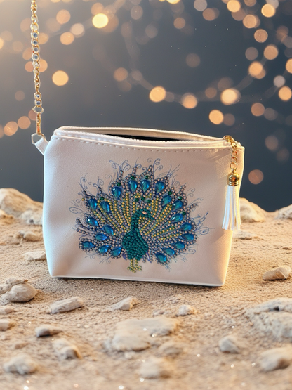 Diamond Art Peacock Purse – Rhinestone Vinyl Clutch with Gold Chain
