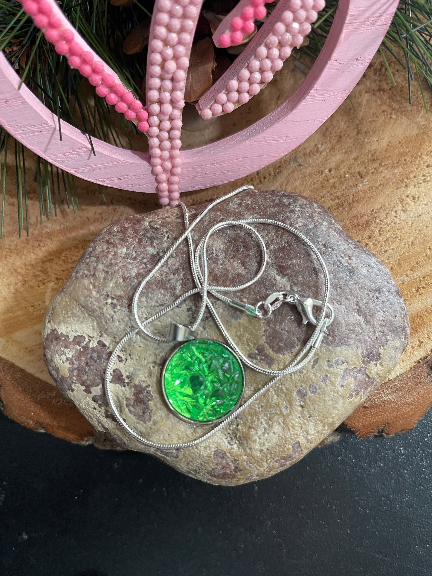 Green Baroque Acrylic Cabochon Pendant on a Silver chain Necklace