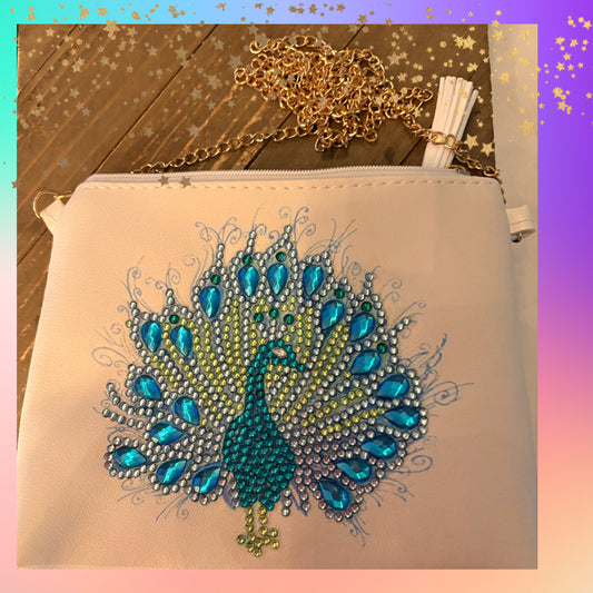 Diamond Art Peacock Purse – Rhinestone Vinyl Clutch with Gold Chain