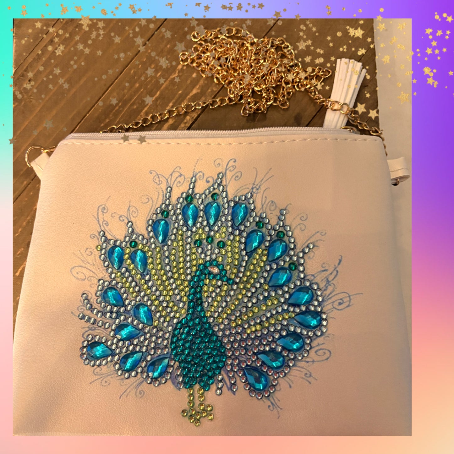 Diamond Art Peacock Purse – Rhinestone Vinyl Clutch with Gold Chain