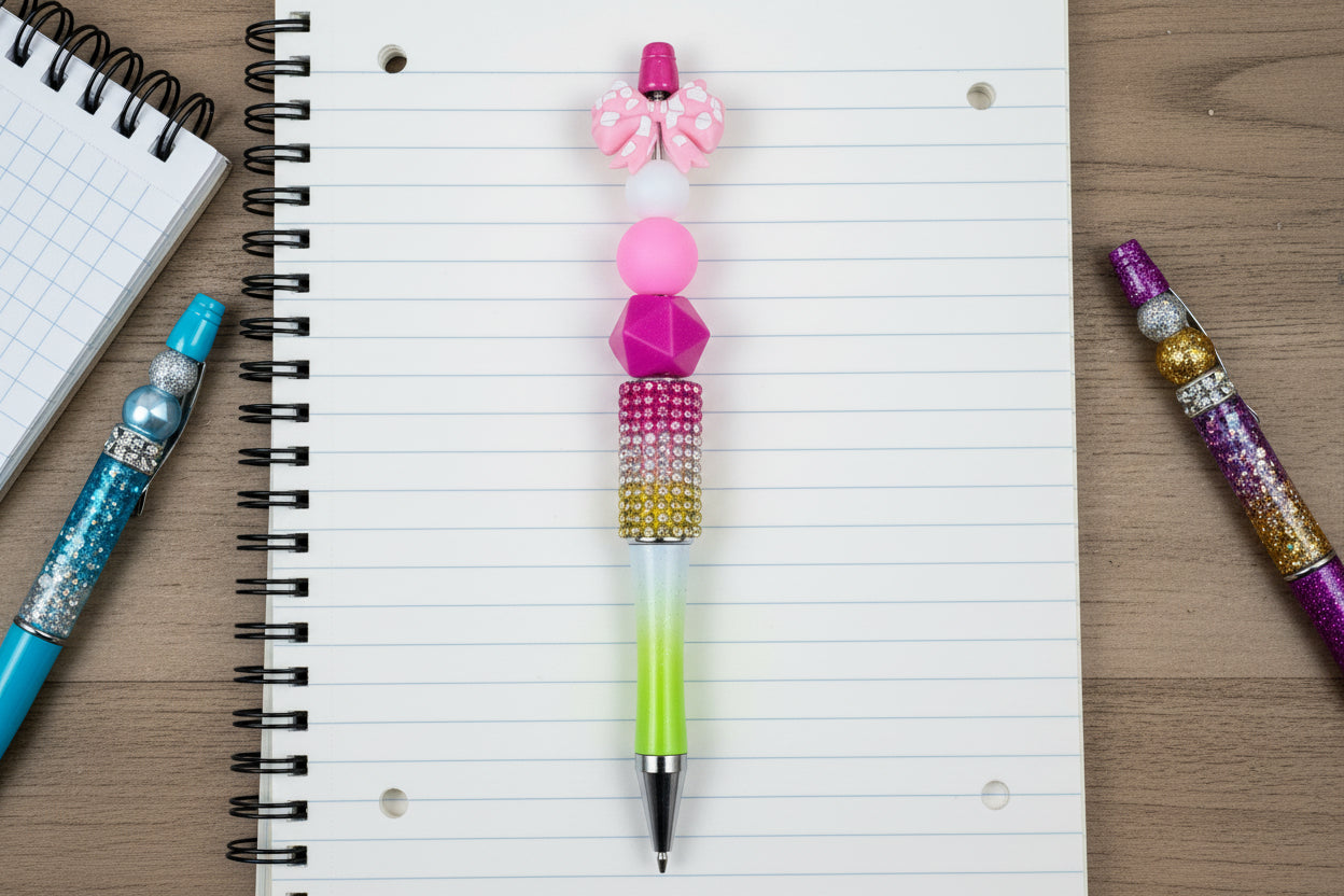 Pink Bow Bling Beaded Pen – Rhinestone Ombre Silicone Statement Pen