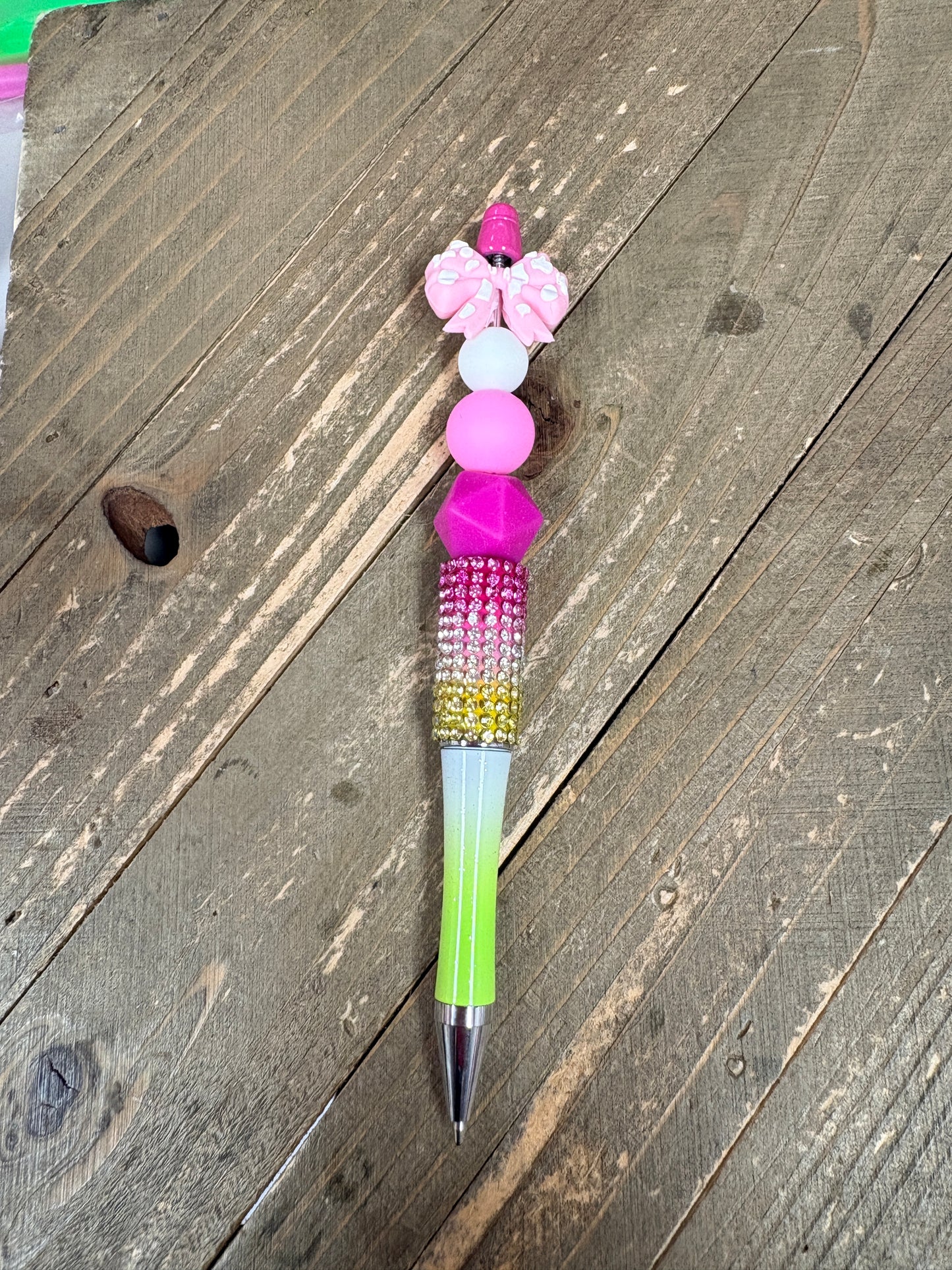 Pink Bow Bling Beaded Pen – Rhinestone Ombre Silicone Statement Pen