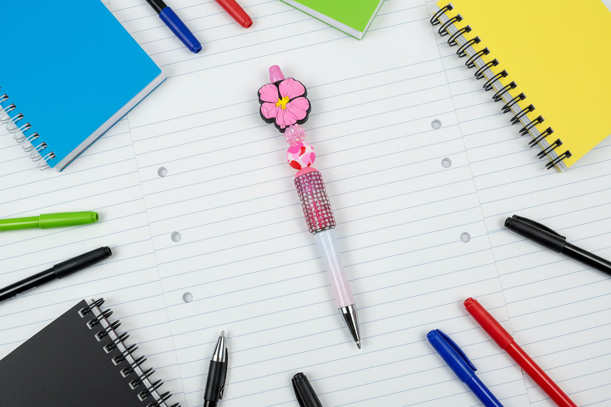 Pink Hibiscus Bling Beaded Pen – Tropical Rhinestone Statement Pen
