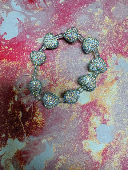 White Rhinestone Heart Stretch Bracelet – Sparkly Clear Beaded Statement Jewelry