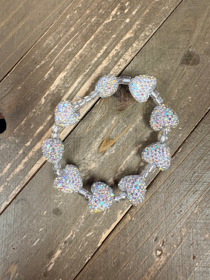 White Rhinestone Heart Stretch Bracelet – Sparkly Clear Beaded Statement Jewelry