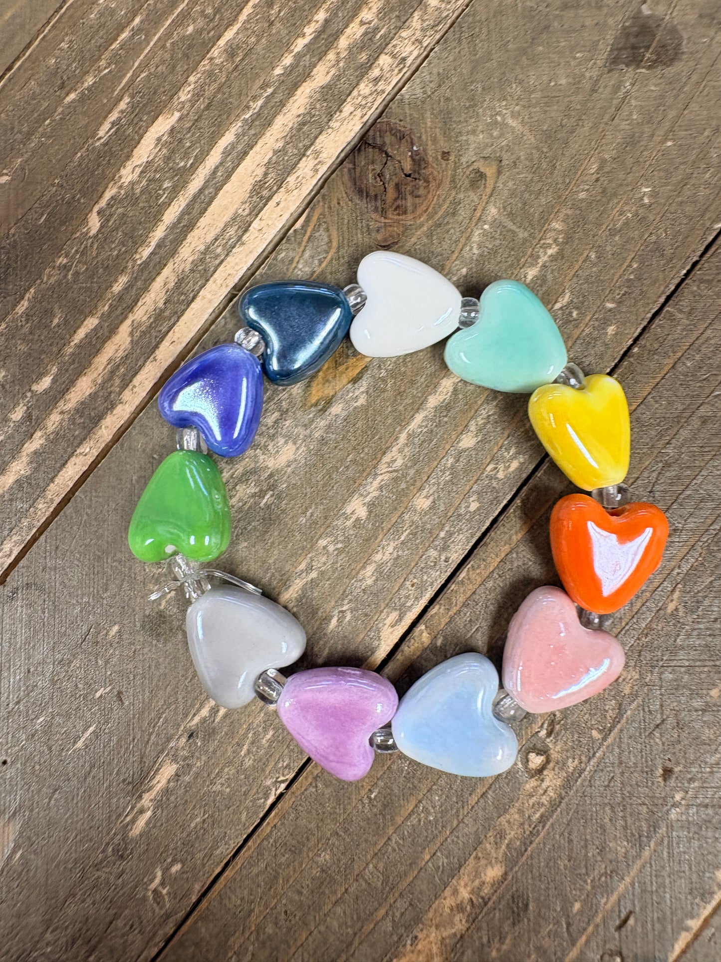 Multicolor Ceramic Heart Stretch Bracelet – Glazed Beaded Rainbow Jewelry