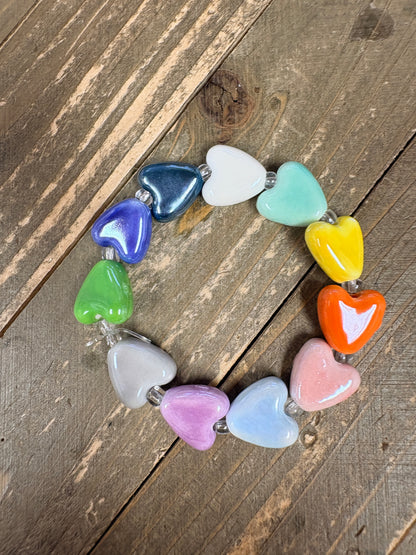 Multicolor Ceramic Heart Stretch Bracelet – Glazed Beaded Rainbow Jewelry