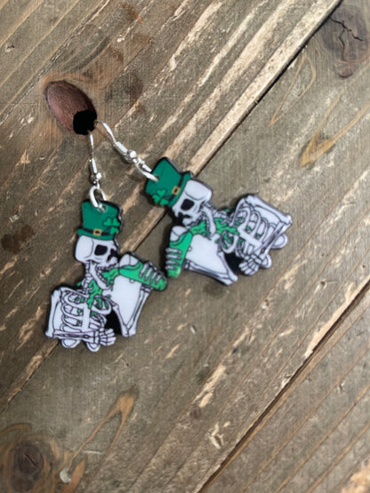 St. Patrick's Day Drinking Skeleton Charm Wire earrings