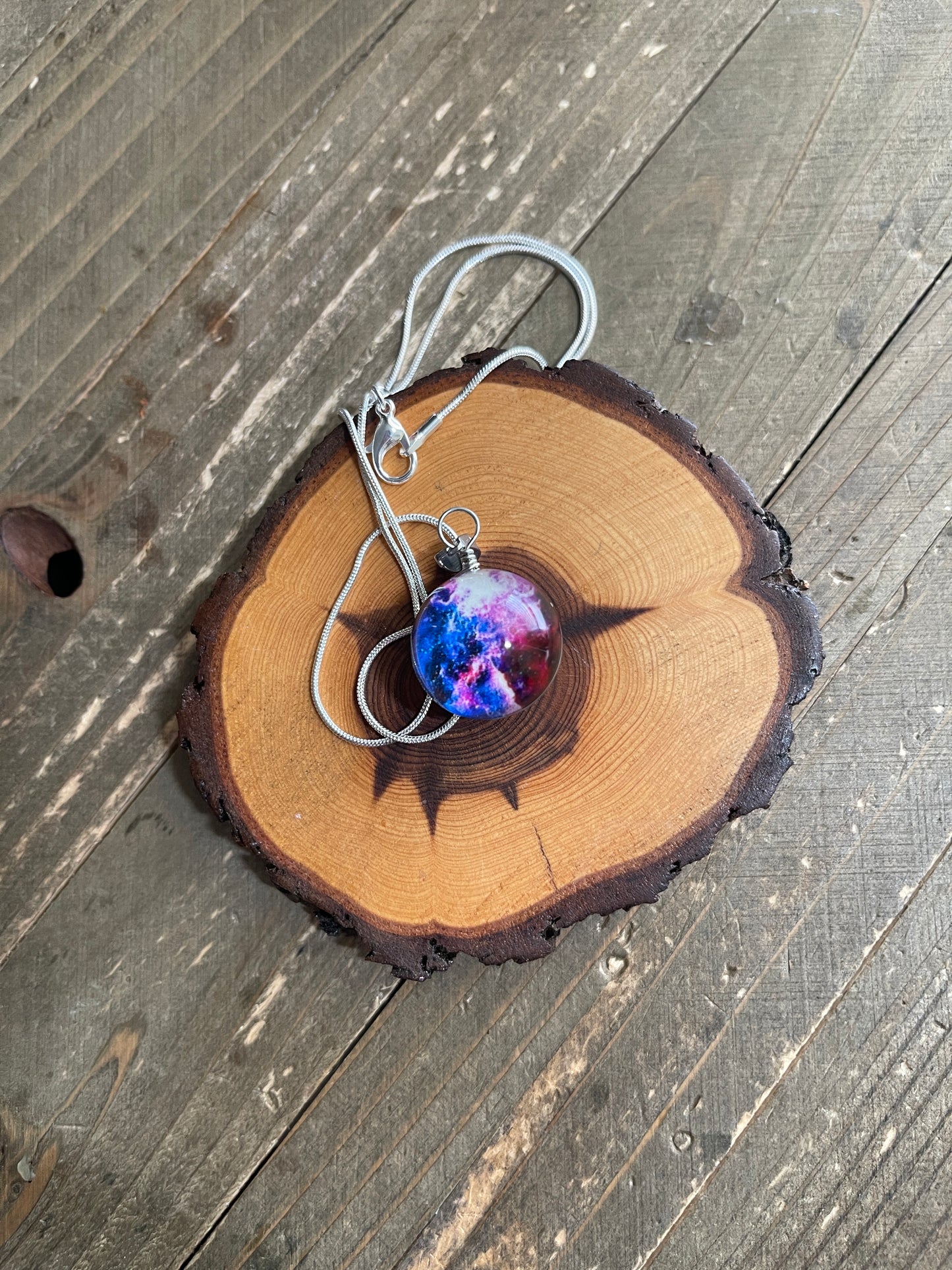 Wire Wrapped Glass Galaxy Purple Nebula Pendant on a Silver chain Necklace