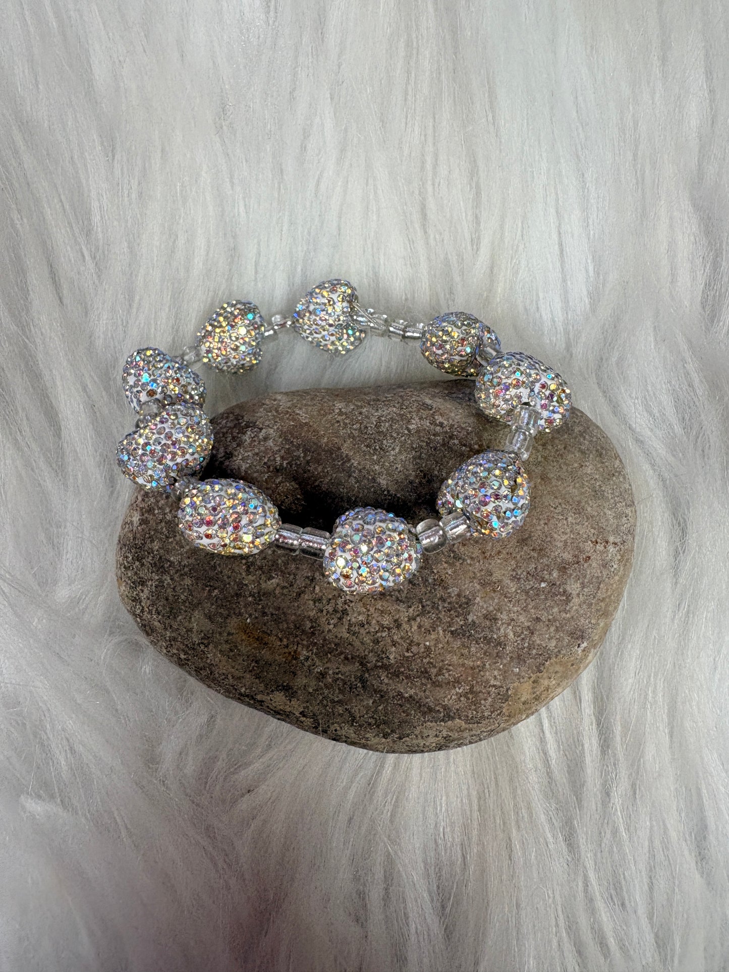 White Rhinestone Heart Stretch Bracelet – Sparkly Clear Beaded Statement Jewelry