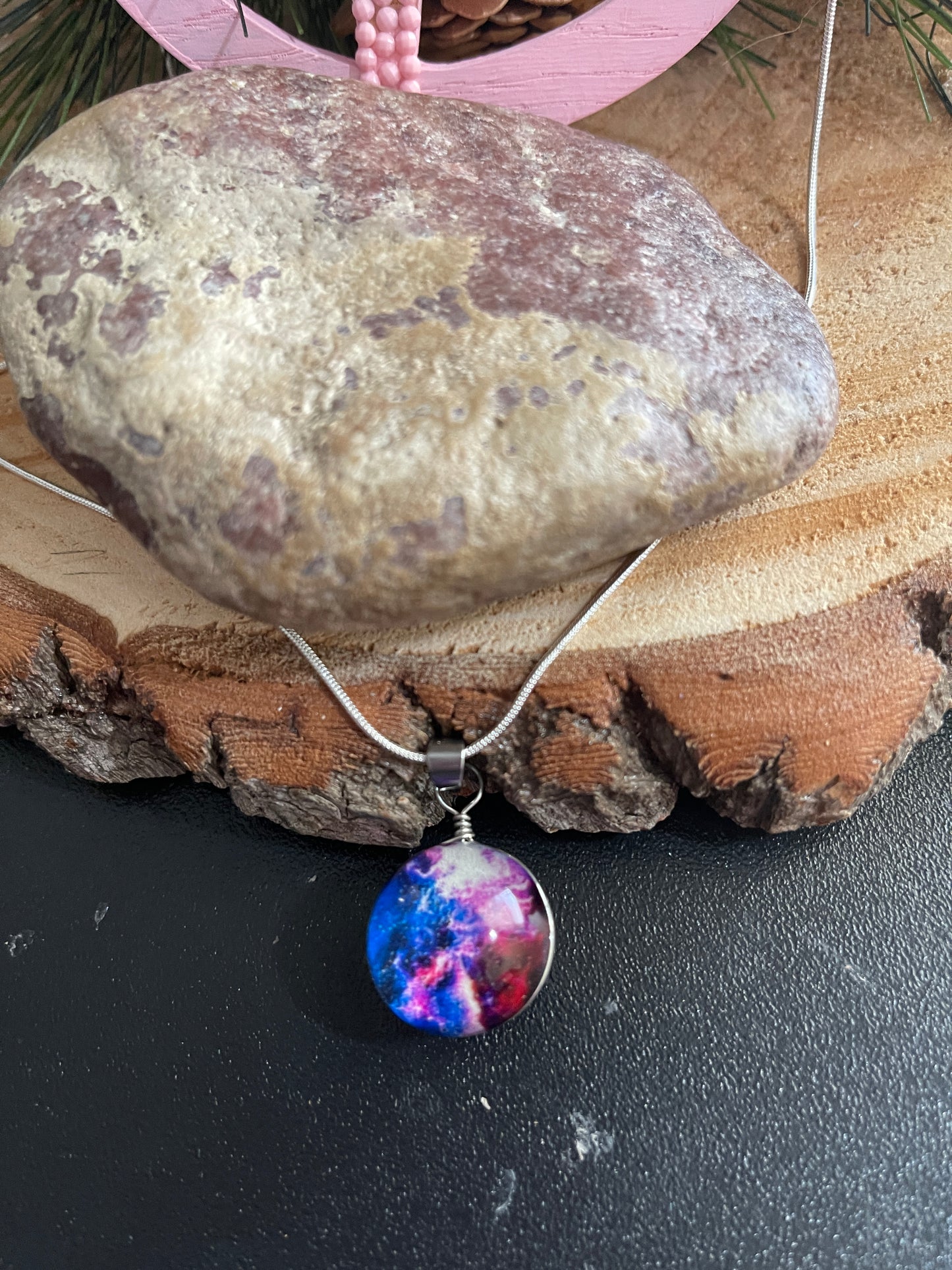 Wire Wrapped Glass Galaxy Purple Nebula Pendant on a Silver chain Necklace