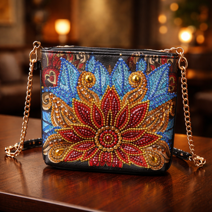 Diamond Art Floral Purse – Rhinestone Vinyl Zipper Clutch with Gold Chain