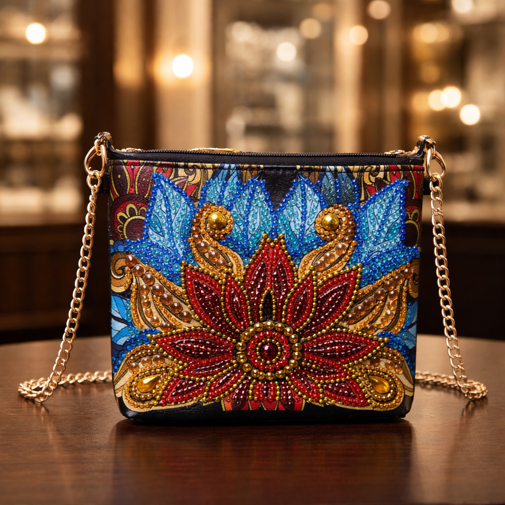 Diamond Art Floral Purse – Rhinestone Vinyl Zipper Clutch with Gold Chain