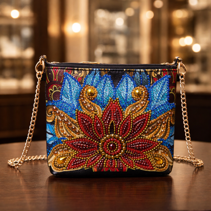 Diamond Art Floral Purse – Rhinestone Vinyl Zipper Clutch with Gold Chain