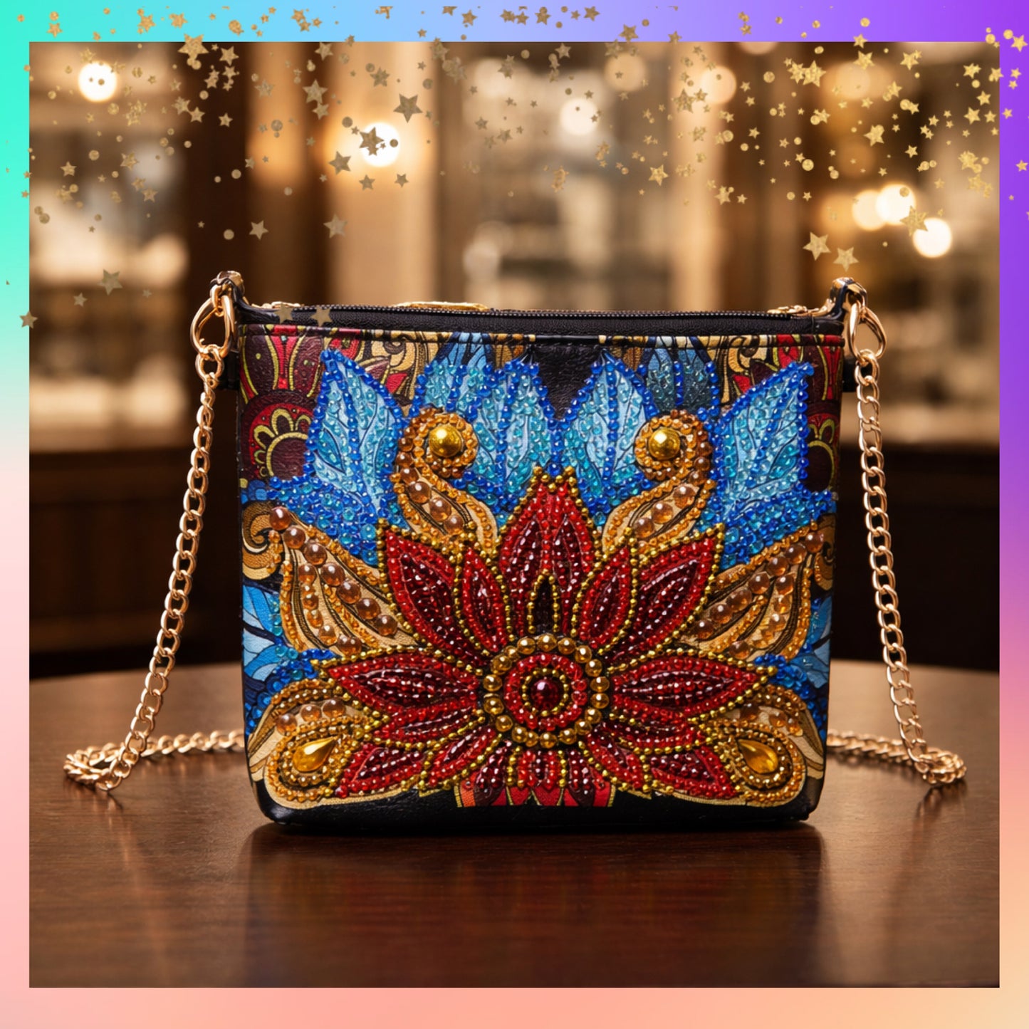 Diamond Art Floral Purse – Rhinestone Vinyl Zipper Clutch with Gold Chain