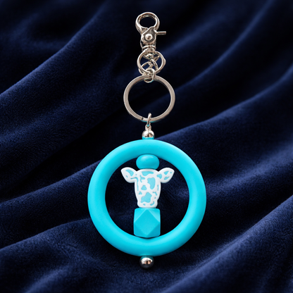Turquoise Cow Silicone Bead Keychain – Farmhouse Teething Ring Style Charm
