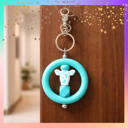 Turquoise Cow Silicone Bead Keychain – Farmhouse Teething Ring Style Charm