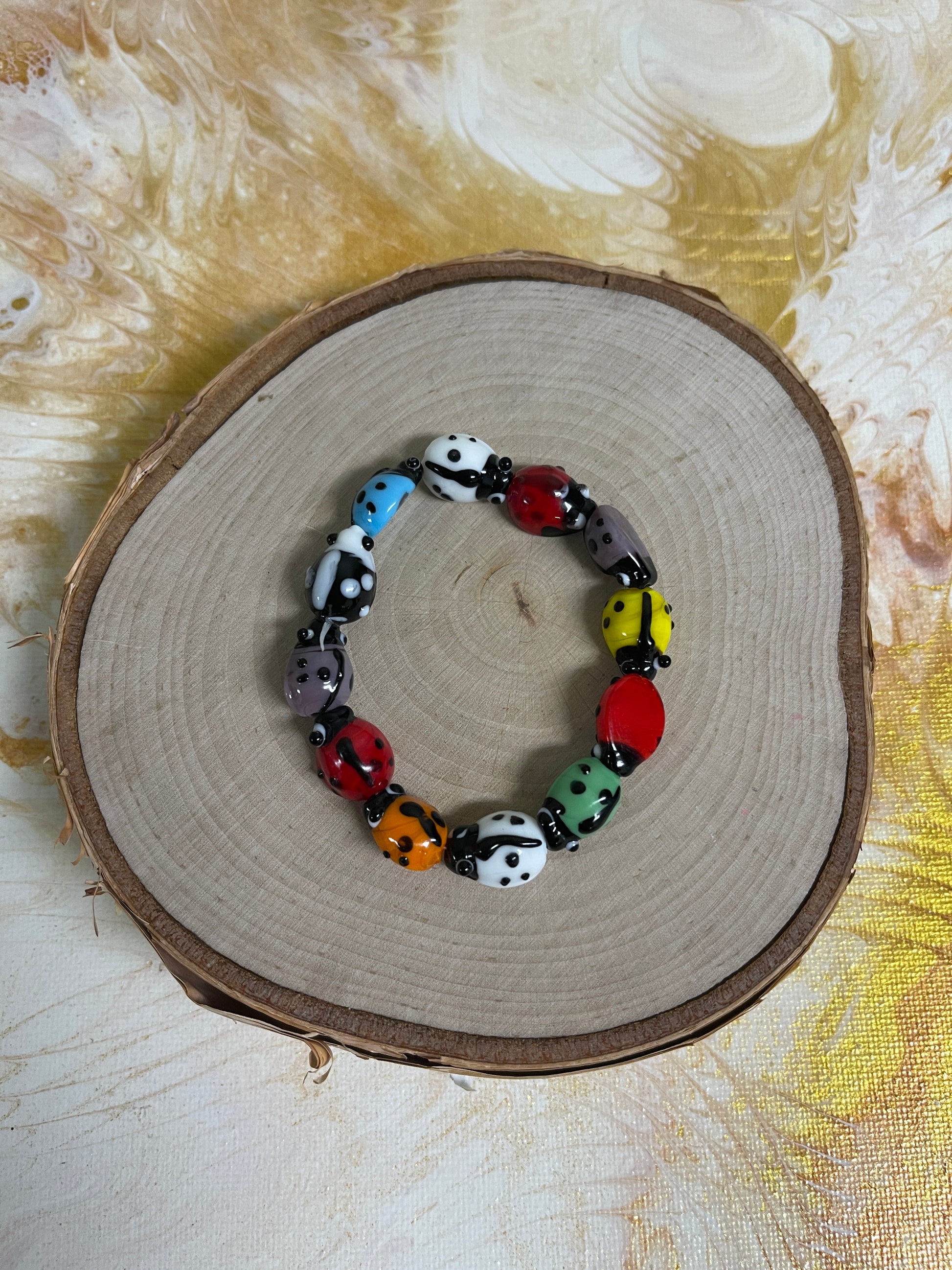 Multi-colored Glass Ladybug Beaded Elastic BraceletPink tiful of LOVE